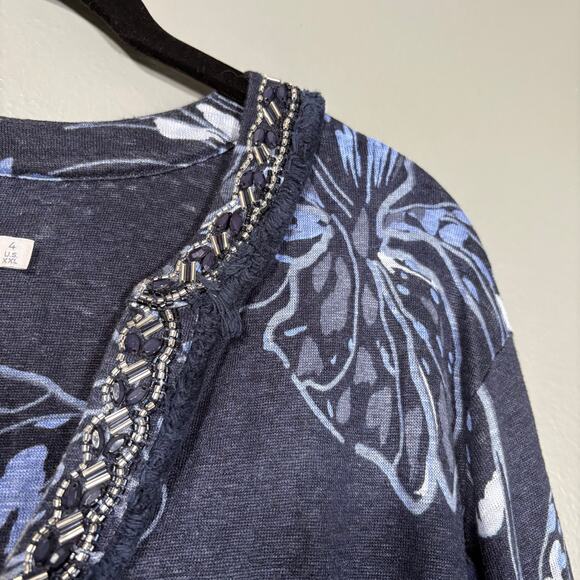 Chico's Blue Linen Boho Beaded Fringe Tunic Top - 4 (XXL) - Women's Plus Size - Picture 2 of 6